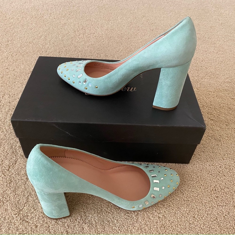 NEW IN BOX J. Crew Women Mint Suede Embellished Pumps Heels Sz 8